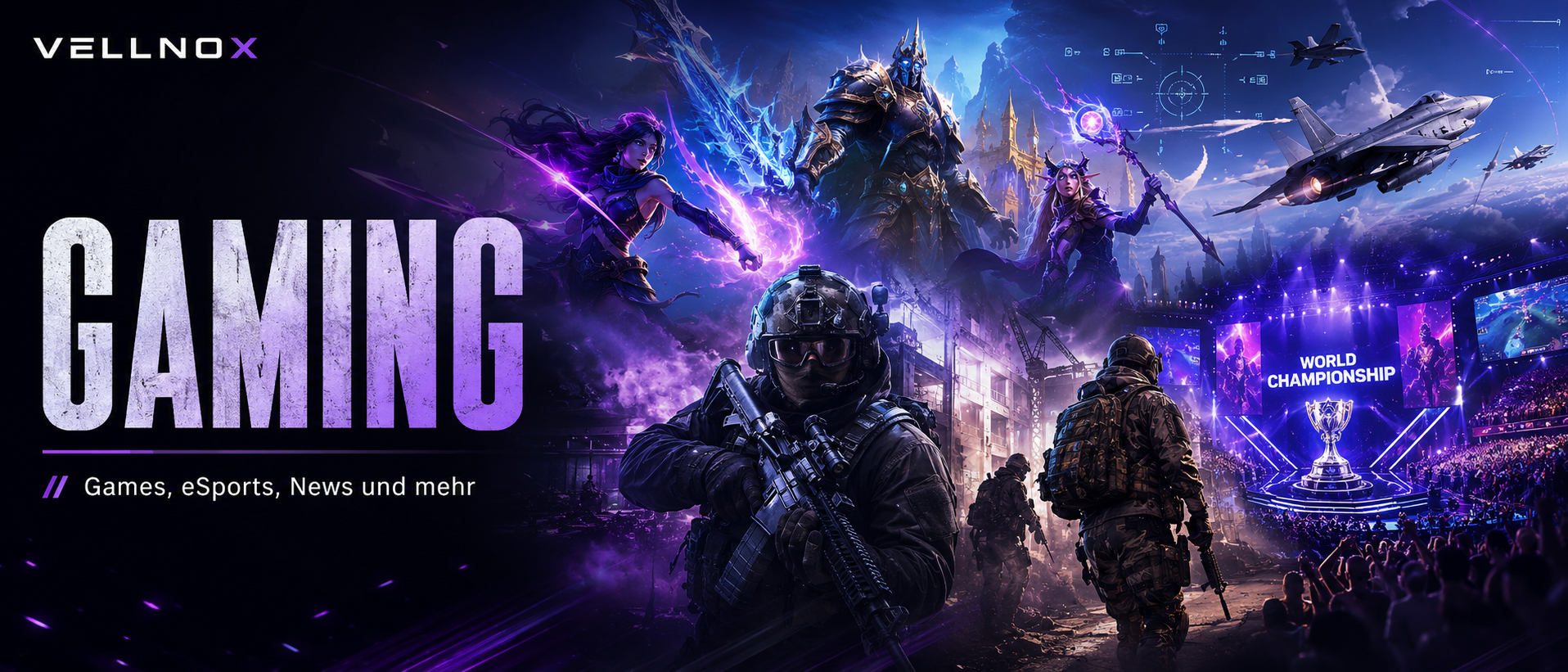 Vellnox Gaming Header mit beliebten Spielen, Gaming-Trends und Technologie