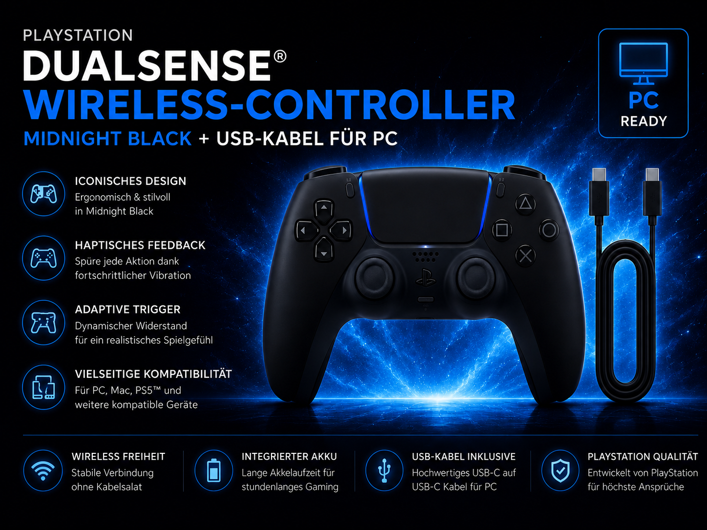 Playstation DualSense Wireless Controller Midnight Black mit USB Kabel