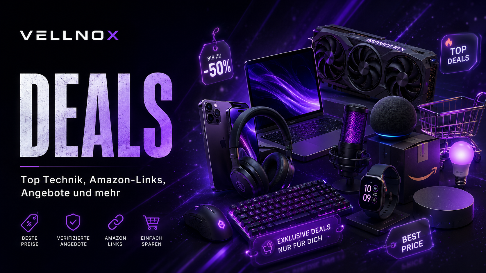 Vellnox Deals Header mit Technik, Gadgets und Angeboten