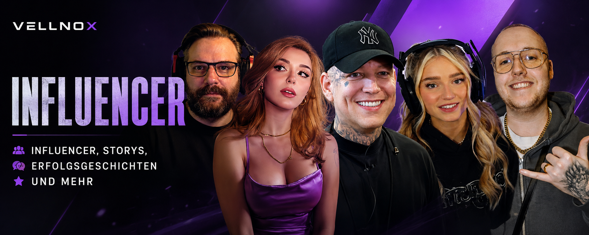 Vellnox Influencer Header mit Creator, Social Media und Internet-Talk