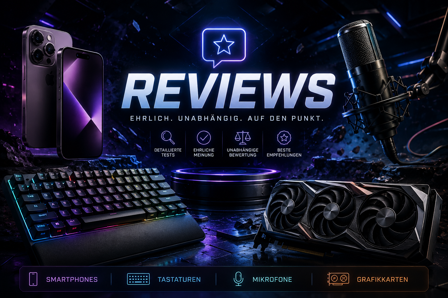 Vellnox Reviews Header mit Technik, Gaming und digitalen Produkttests