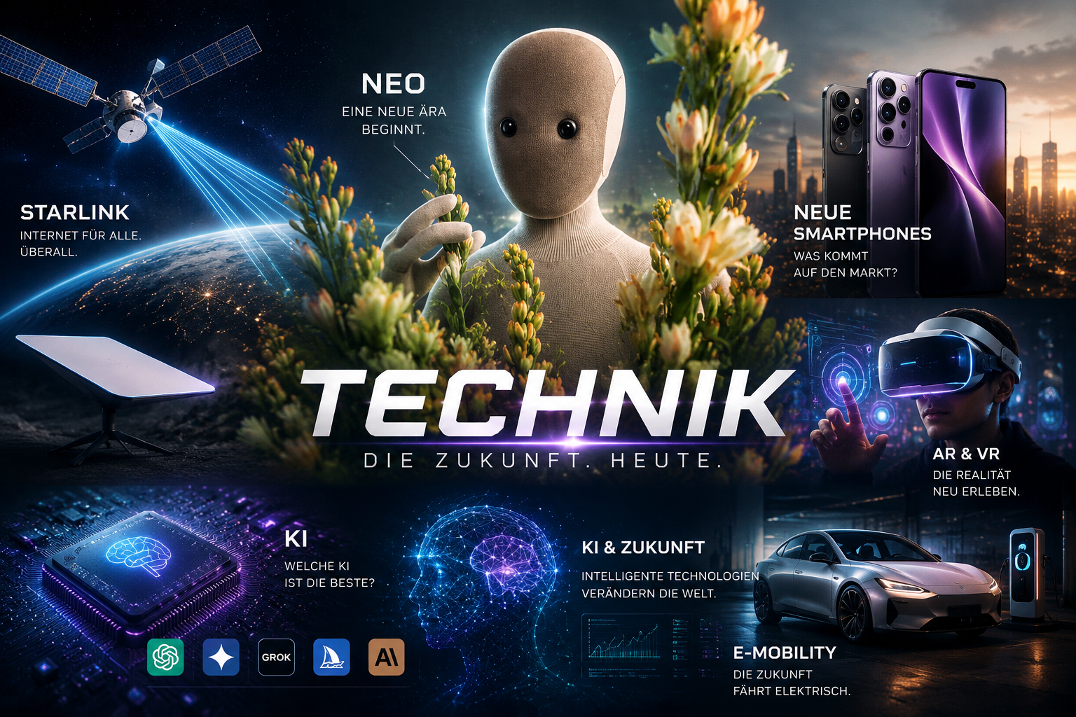 Vellnox Technik Header mit futuristischer Technologie, KI und Robotik